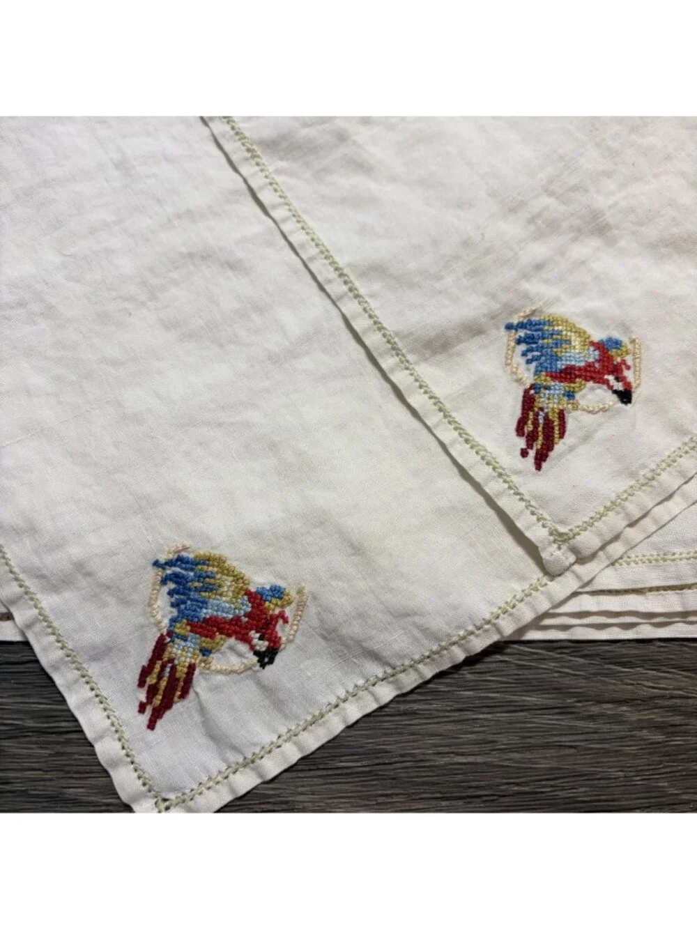 Vintage White Linen Tablecloth Napkins Hand Stitched Parrot Embroidery Tropical